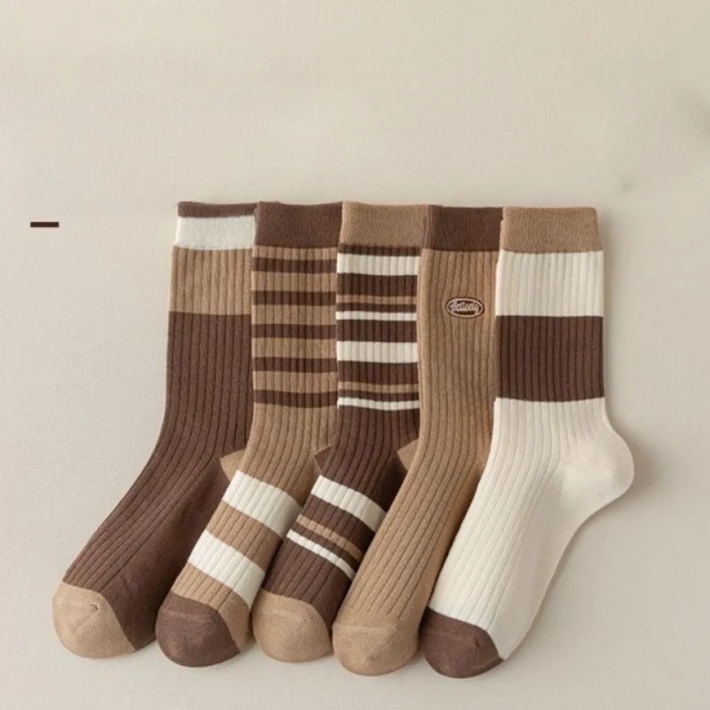 5Pairs Contrasting Color Striped Cotton Socks for Women Japanese College Style Versatile Brown Mid-tude Sock Autumn Winter Socks