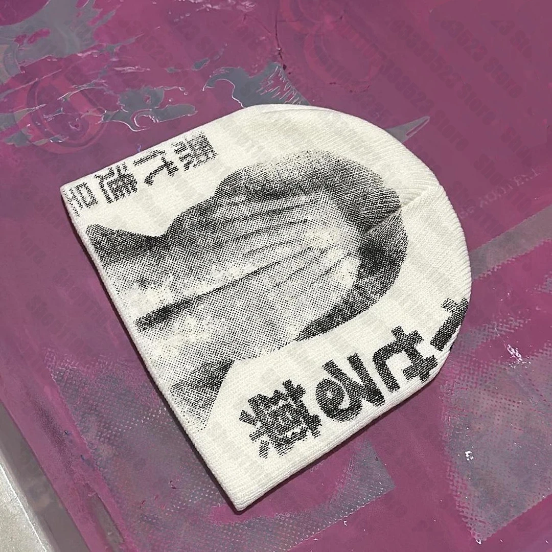 الجمالية Y2k الشتاء قبعة الشارع الشهير القوطية Harajuku الجرافيك المرأة محبوك قبعة خمر إلكتروني الطباعة موضة محبوك قبعة 2000s