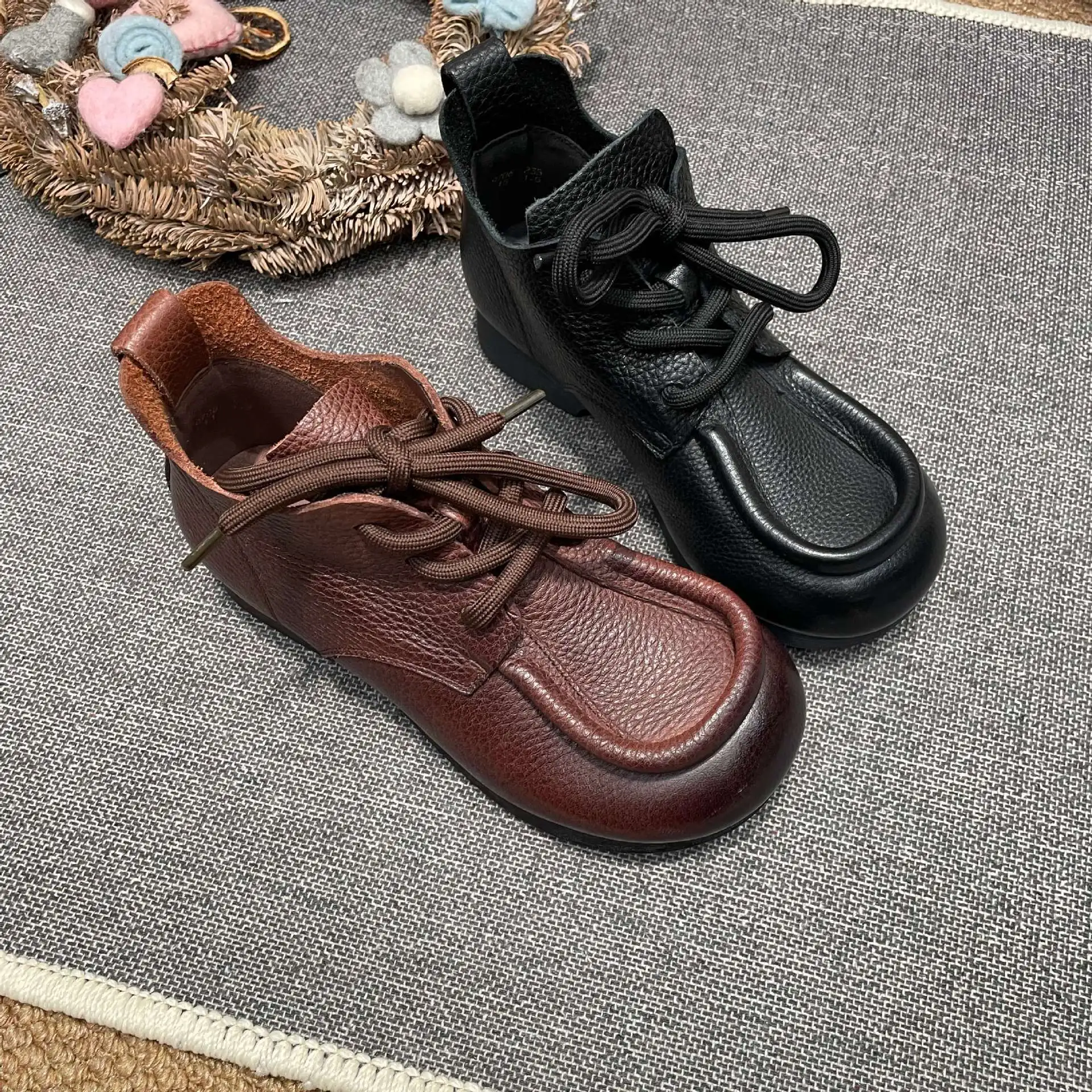 Careaymade-Genuine Leather wider toe Retro Forest Casual Linen Windproof Short Boots First-Layer Cowhide Lacing Boots Mom Shoes