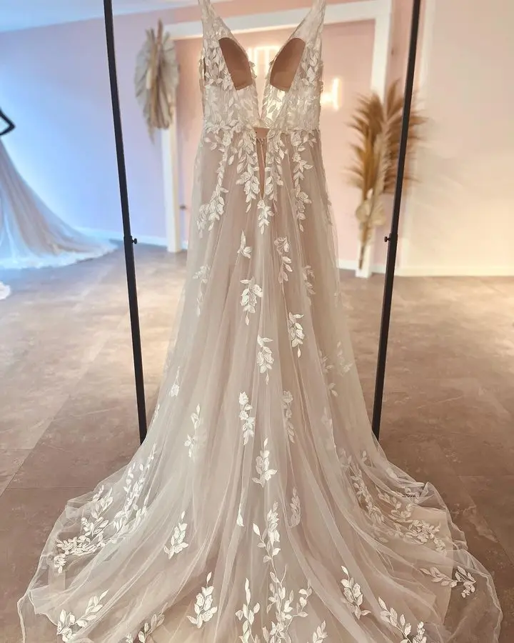 Robe de mariée bohème en dentelle champagne clair, appliques en tulle, longue robe de plage pour patients, quel que soit le trio de cases