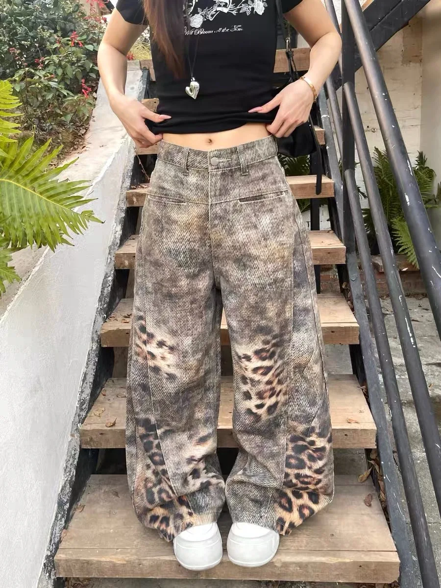 

3D Printed Spots Leopard Y2K Drape Wide Leg Jeans Women's New 2026 Curved Blade Hot Girl Casual Denim Long Pants