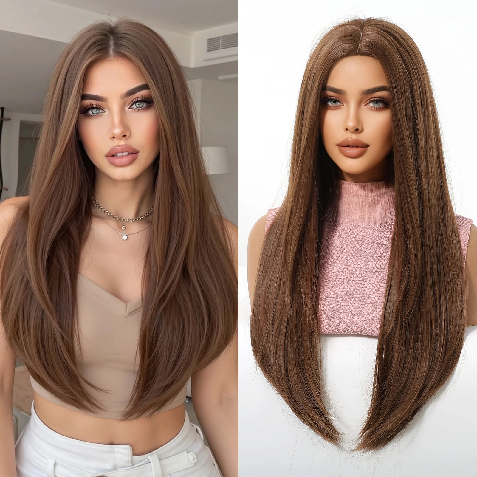 

Long Straight Layered Synthetic Wigs Honey Brown Medium Part Wig Cosplay Party Fake Hair for Women Heat Resistant Fibre Daily