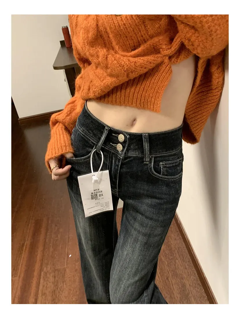 American Retro Blue Grey Flared Jeans Women High Waist Large Size Loose Slimming Elastic Floor Length Bell Bottoms