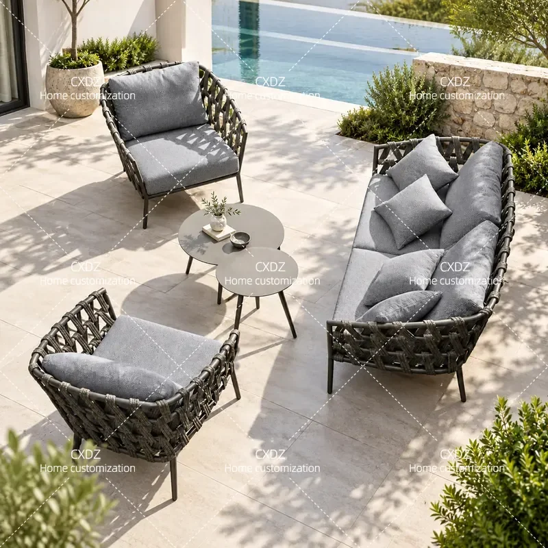 Outdoor Rattan Sofa Set Wicker Patio Furniture with Coffee Table for Villa Courtyard Balcony Terrace Garden Leisure Seating