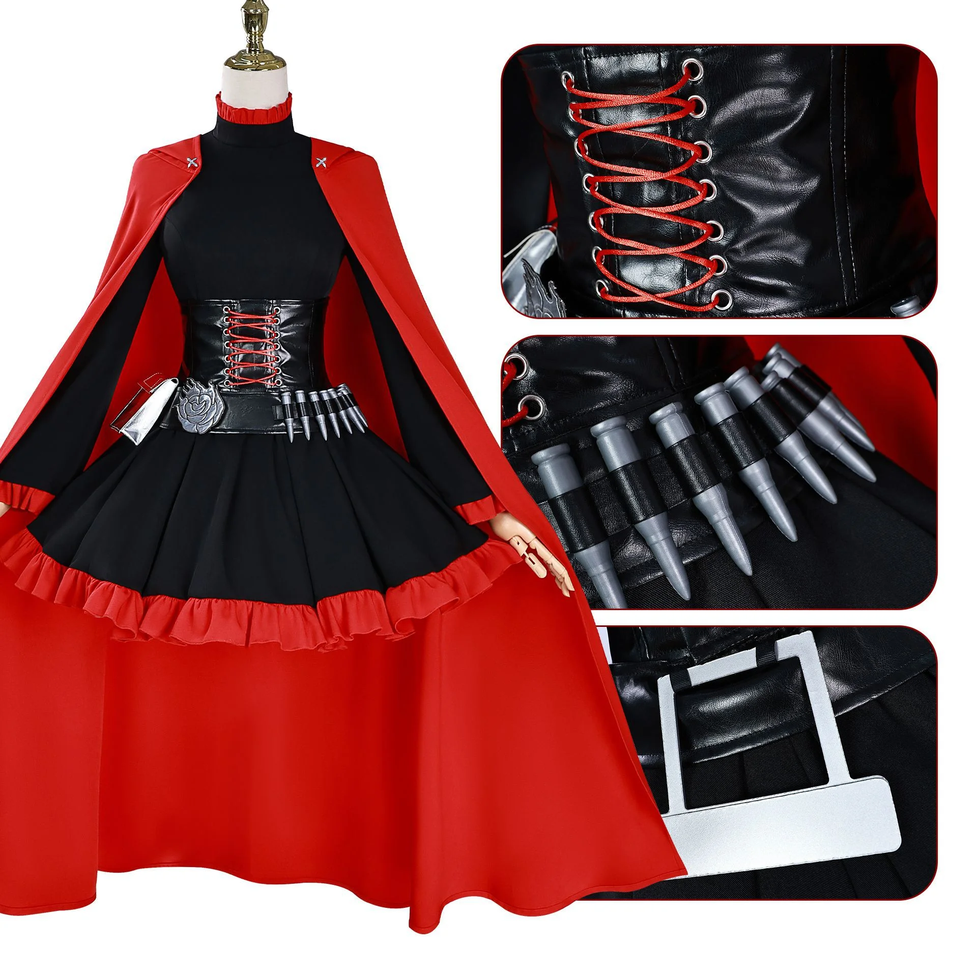 

RWBY Ruby Rose Cosplay Costume – Cape Black Dress for Women Girls Halloween Christmas Stage Performance Wear 2026