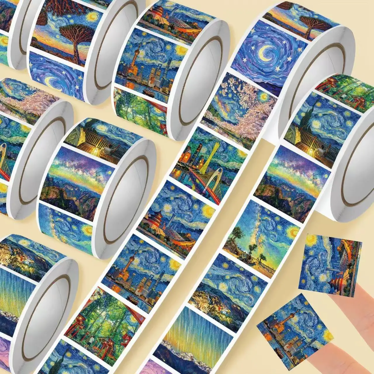 500pcs/Roll Van Gogh Art Style Painting Landscape Sticker DIY Skateboard Laptop Guitar Phone Car Seal Label Decals Decoration