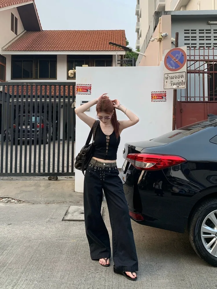 【FANGTING】Women Summer Leopard Print Wide Leg Casual Pants Spliced Waist Tie Design Retro Elegant Trousers