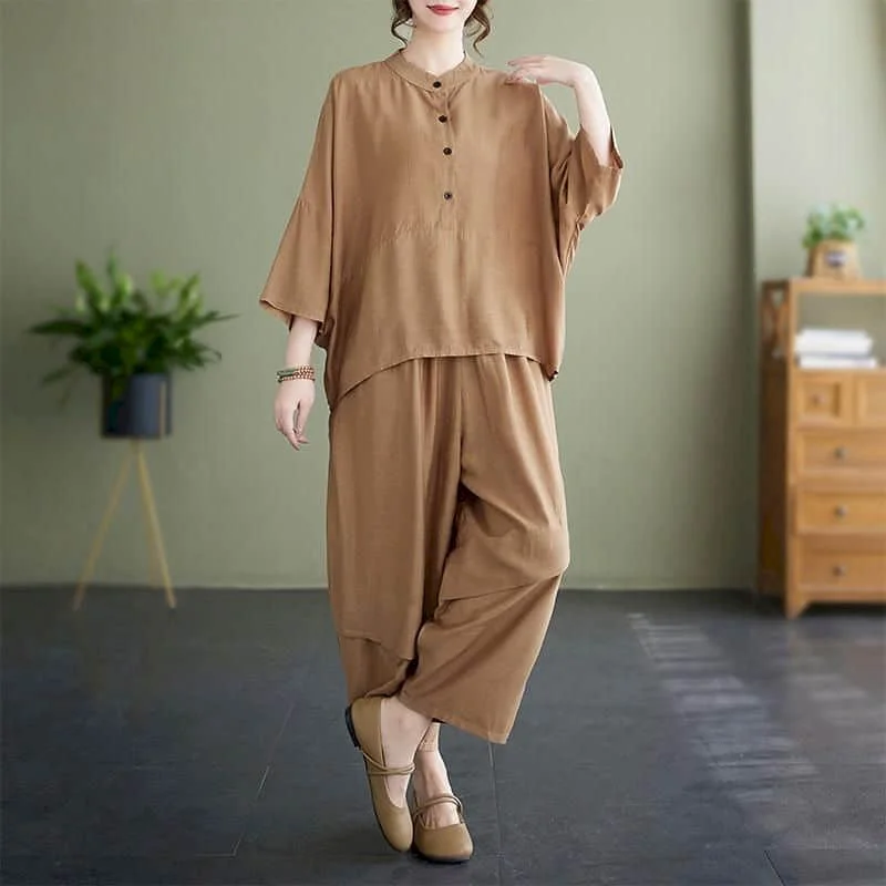 

Комплекты хлопковых льняных брюк, художественные винтажные однотонные топы с короткими рукавами, повседневные брюки, большие комплекты из двух предметов в корейском стиле, женская одежда