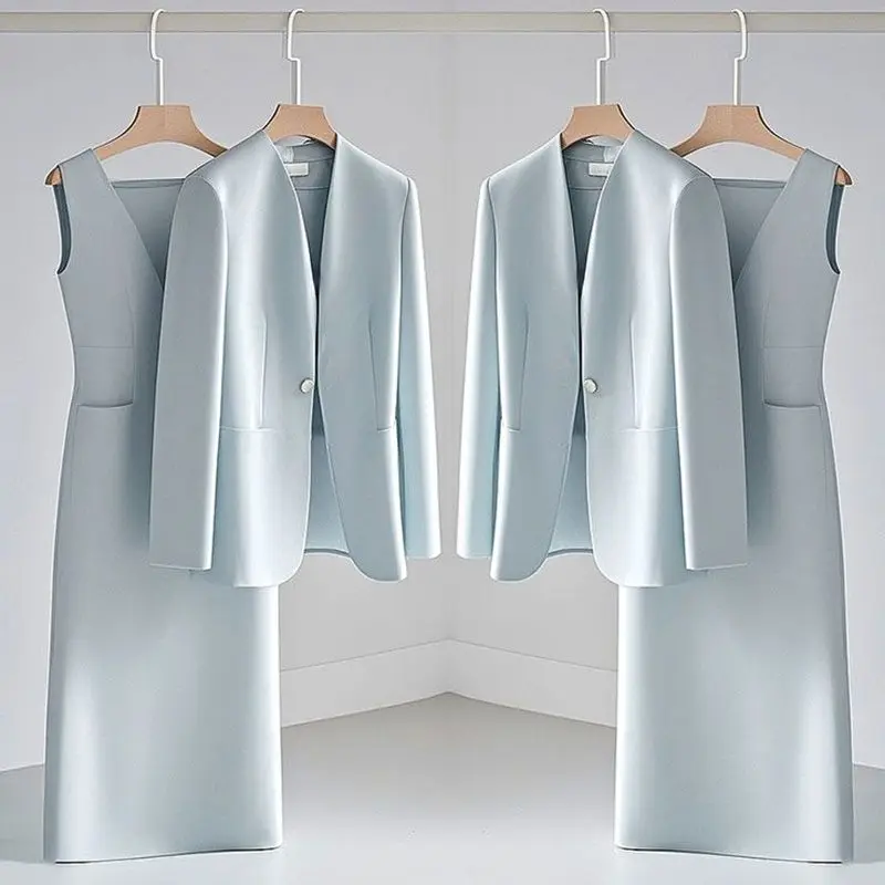 ชุดเซ็ต 2 ชิ้น สไตล์หรูหราสำหรับผู้หญิง คอลเลคชั่นฤดูใบไม้ร่วงใหม่ เสื้อแจ็คเก็ตแขนยาวระดับไฮเอนด์ + เดรสคอวีแขนกุด แฟชั่นชุดทำงานสำหรับสุภาพสตรี