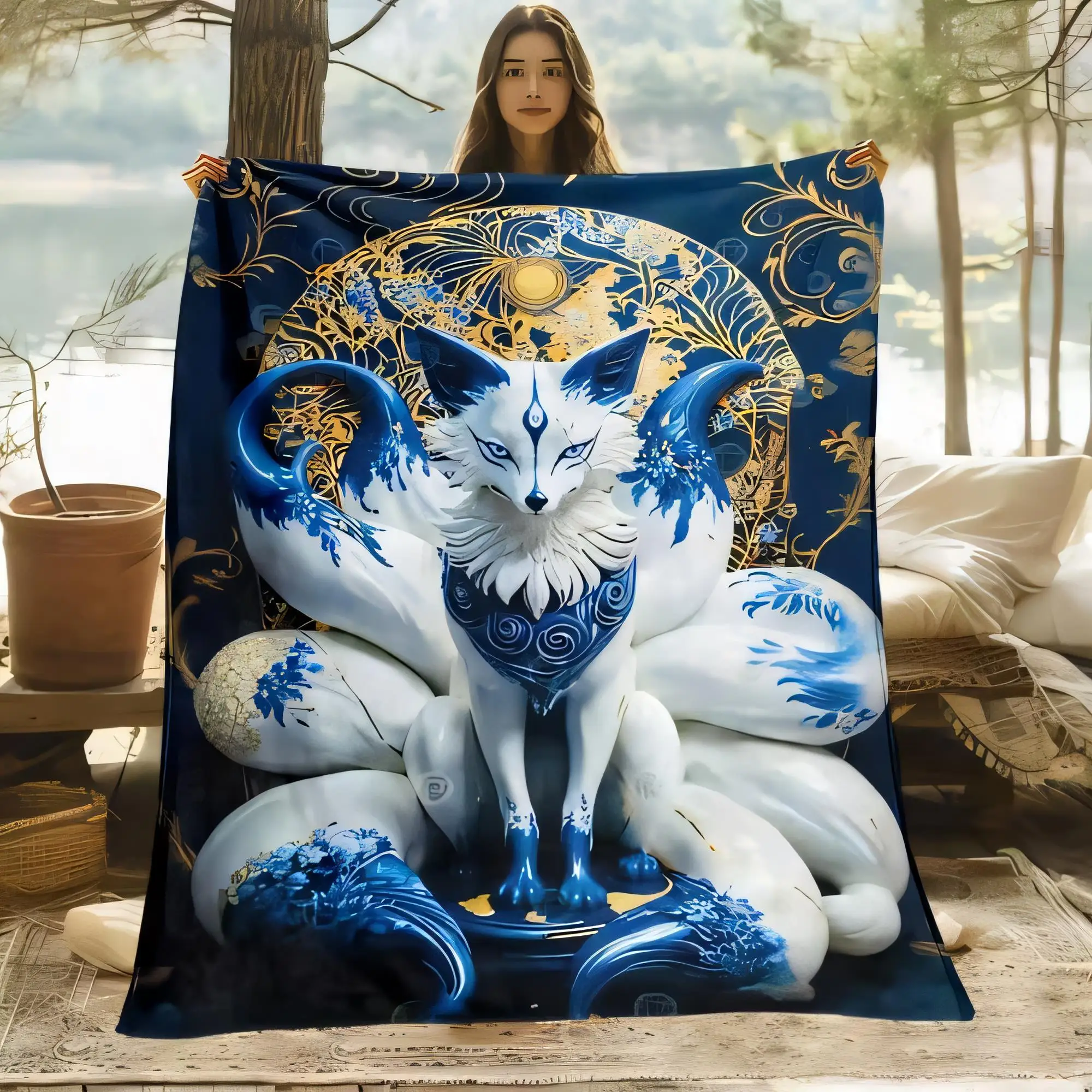 Wunderschöne Kitsune-Decke mit buntem Neunschwänziges Fuchs-Design, weicher und gemütlicher Überwurf für Bett oder Sofa, ideal für Picknicks im Freien b