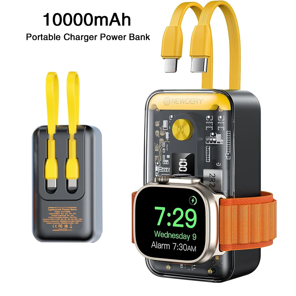 

NEWDERY 10000mAh Portable Charger for Apple Watch,iPhone,Samsung Power Bank Built-in Cables PD 20W Fast Charging Battery Pack