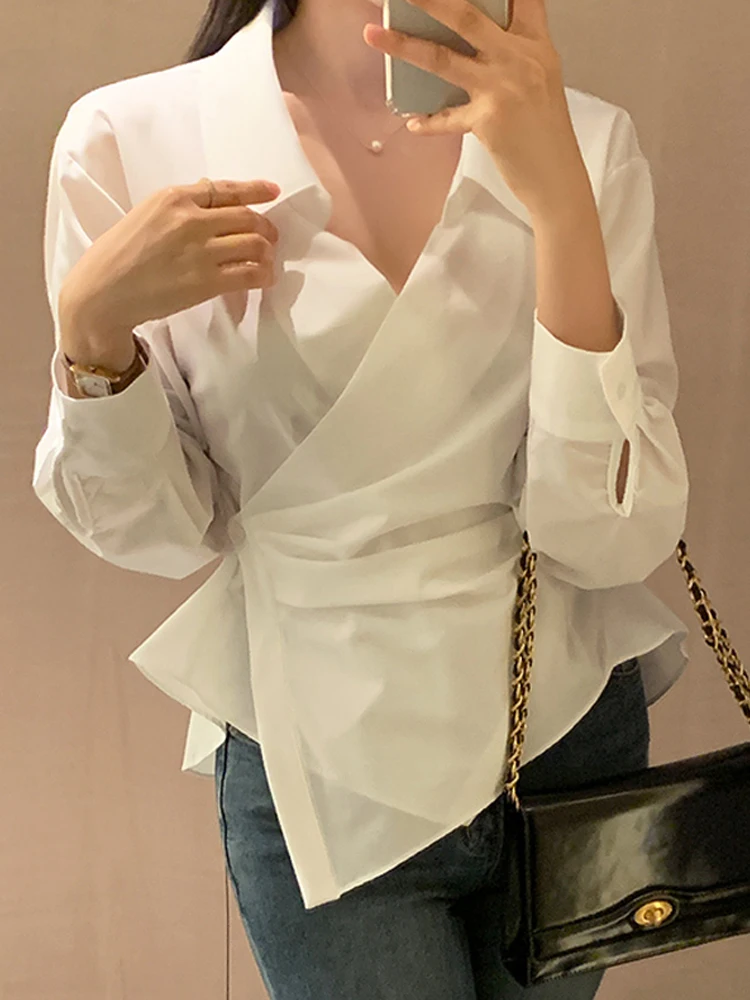 

Korean Sle Casual Chic White irt Long Sve Women's irt Asymmetrical Design Meat Concealing Slimming Top