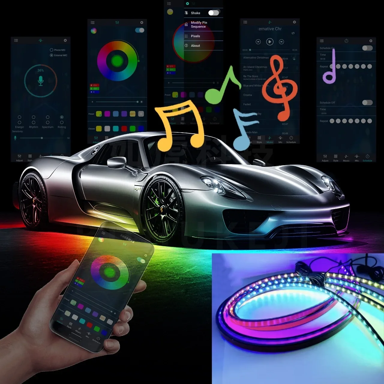 Car Underbody Light Strip LED Multicolor Flexible Flowing APP Control RGB Lamp Decorative Ambient Atmosphere Lamp Waterproof