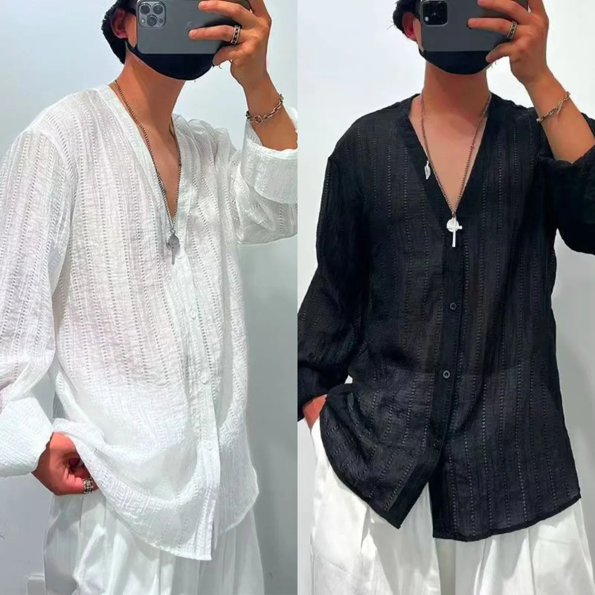 

2026 New Spring Men's Lace Textured Long Sleeve Shirt Fashion V Neck Loose Casual Button Down Blouse Streetwear Tops For Men