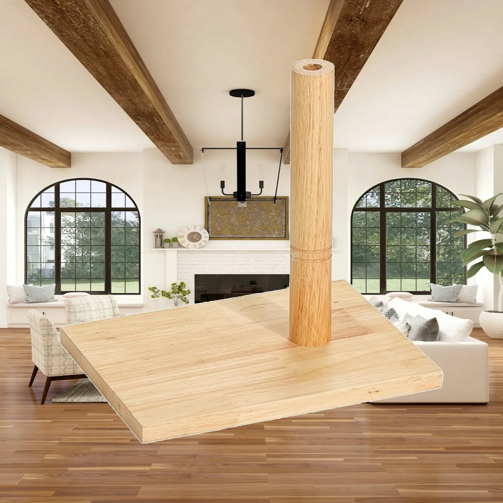 Retail Display Stand Solid Wood Fixture with Square Edge Base and Round Post for Store Window Arrangements