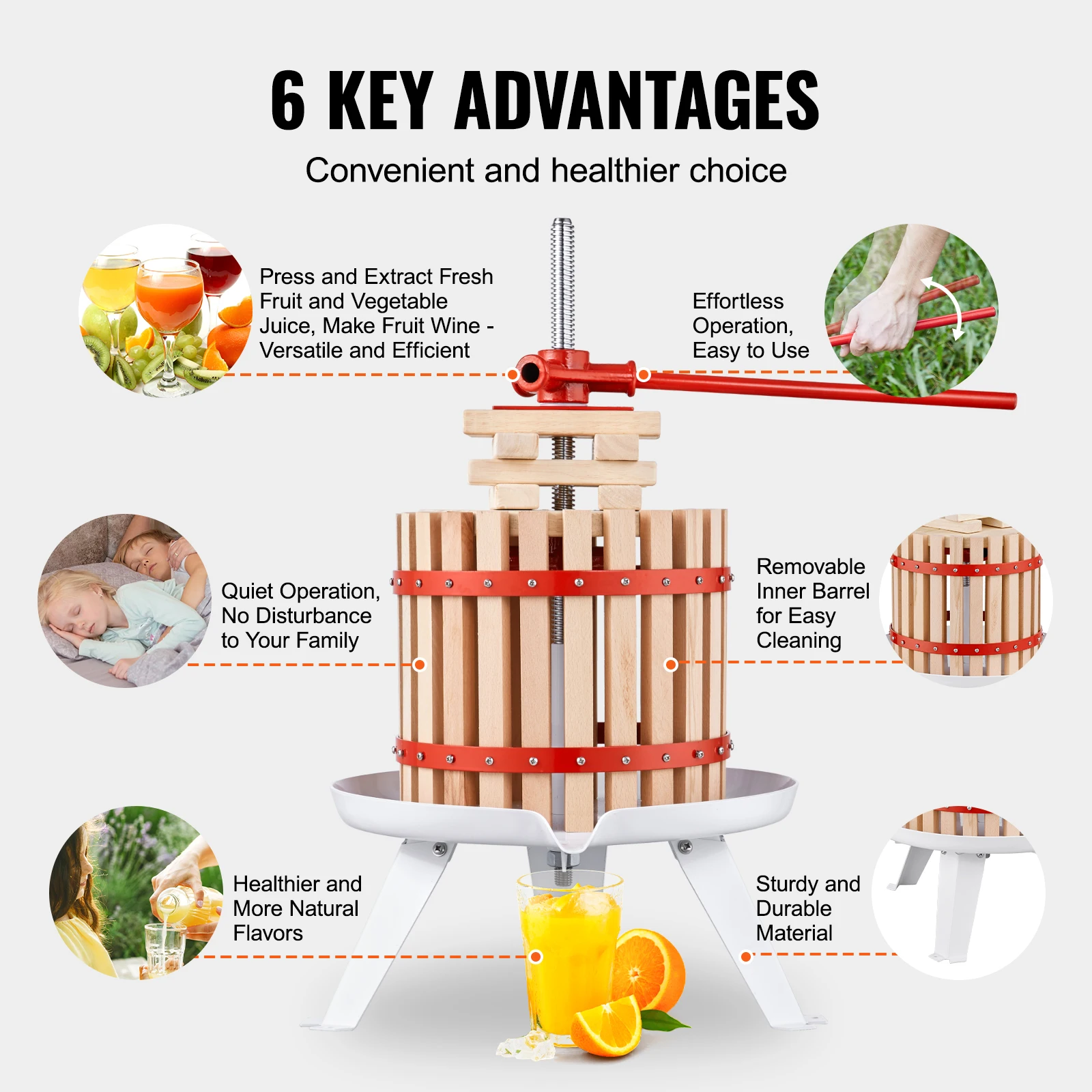 VEVOR Pressoir à Fruits Manuel 6 L Pressoir à Vin en Bois Massif avec 6 Blocs de Pressage Presse-Fruits Manuel Longue Poignée Broyeur de Fruits Légumes pour Pressage de Vins Jus de Fruit Cidres Purées