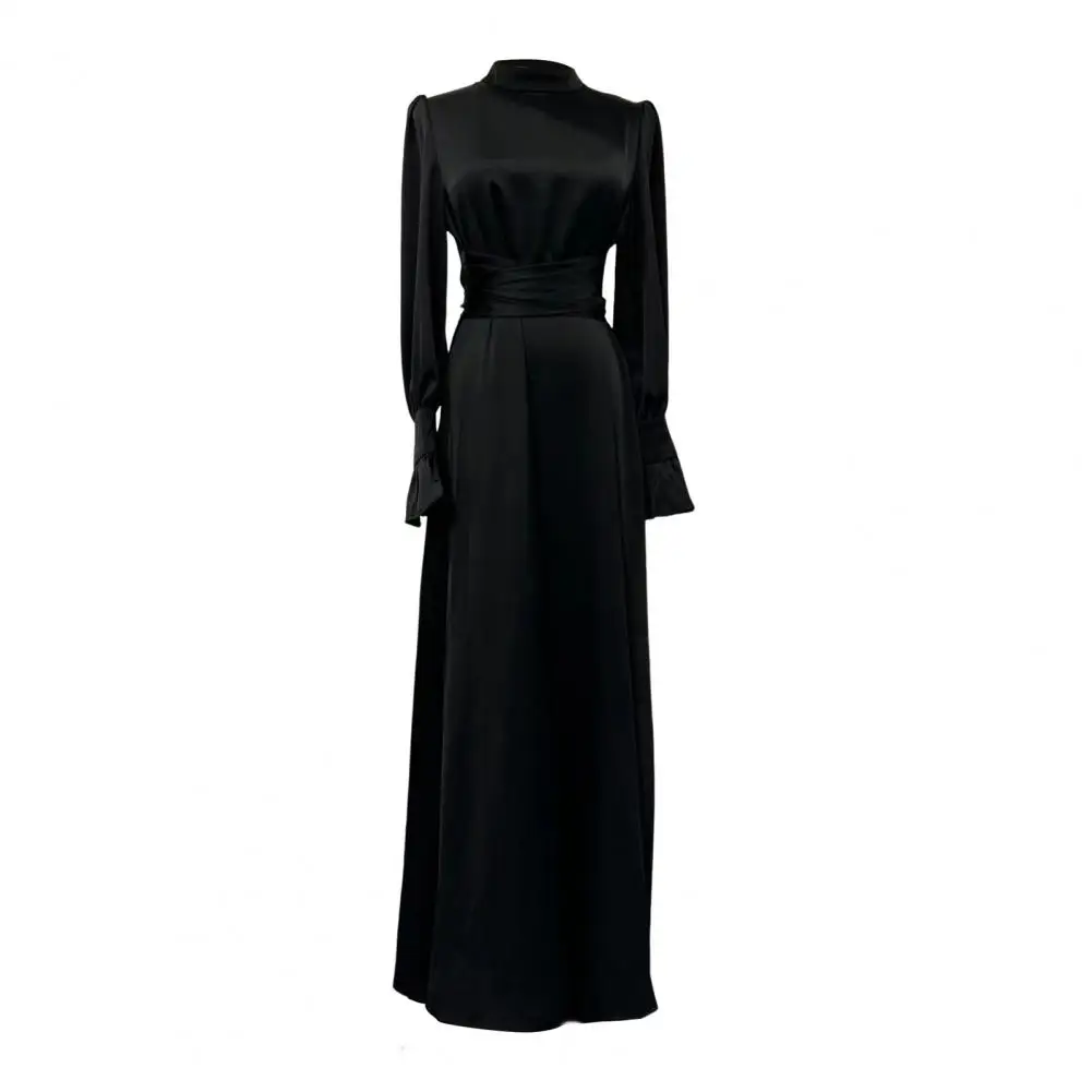 Solid Color Women Dress Elegant Puff Sleeve Maxi Dress for Women Stylish A-line Pleated Party Dress with Stand for Shopping