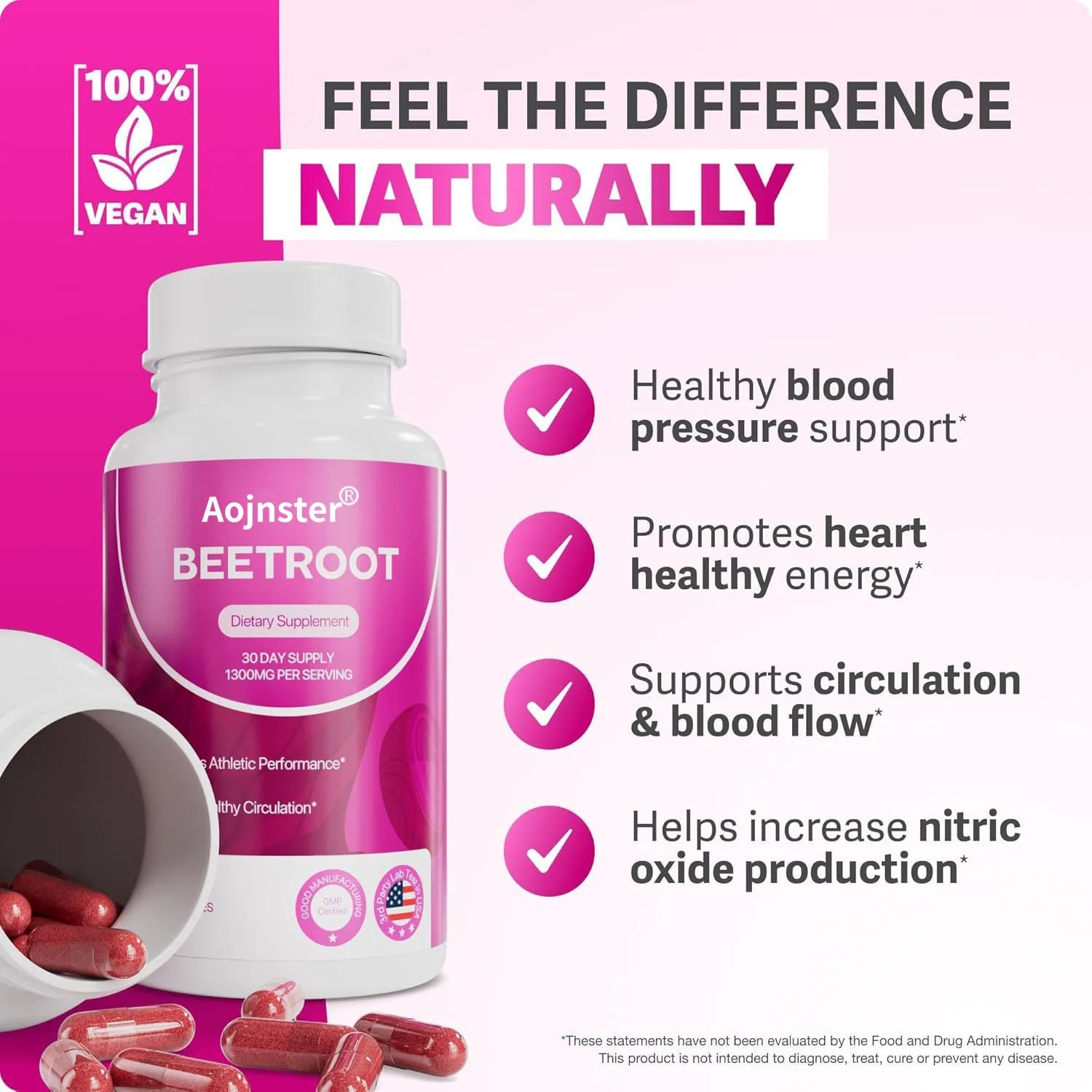 Beetroot 1300mg Capsules, Nitric Oxide Support Formula, 60 Capsules for Adults Daily Wellness