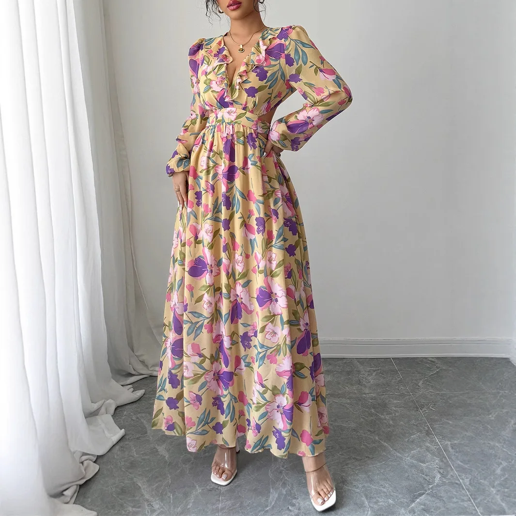 

Print Dress Women Long Sleeve V Neck Ankle Length Dresses Vestidos Slim Fit A Line Slight Strech Casual Summer Spliced Party