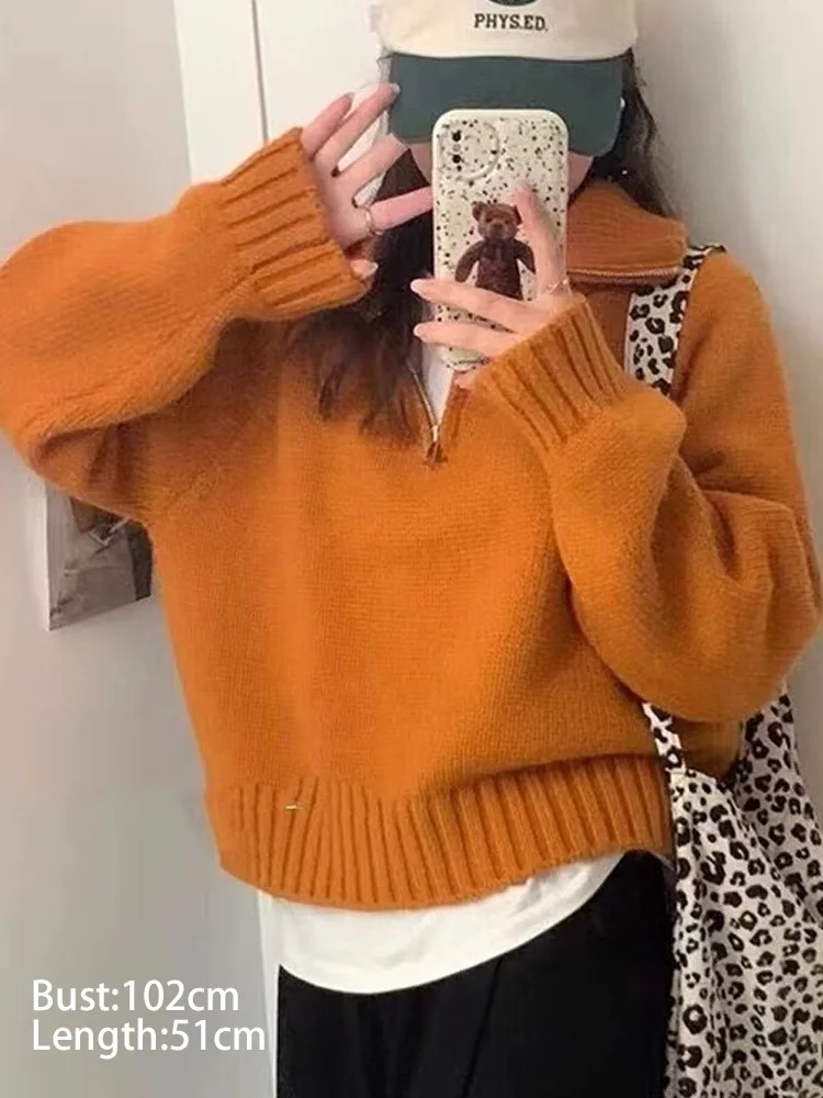 Rollkragen Süße Revers Lose Tops Beiläufige Gestrickte Elegante Koreanische Jumper Herbst Winter Lange Ärmeln Halb Zipper Pullover Pullover