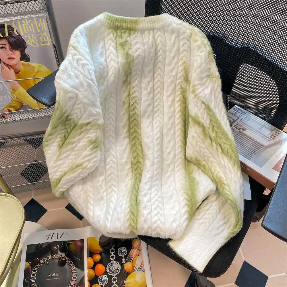 Women's Green Tie-Dyed Pullover Jumper Sweater Harajuku Boyfriend style Long Sleeves Cashmere Sweaters Vintage Y2k 2000s Clothes