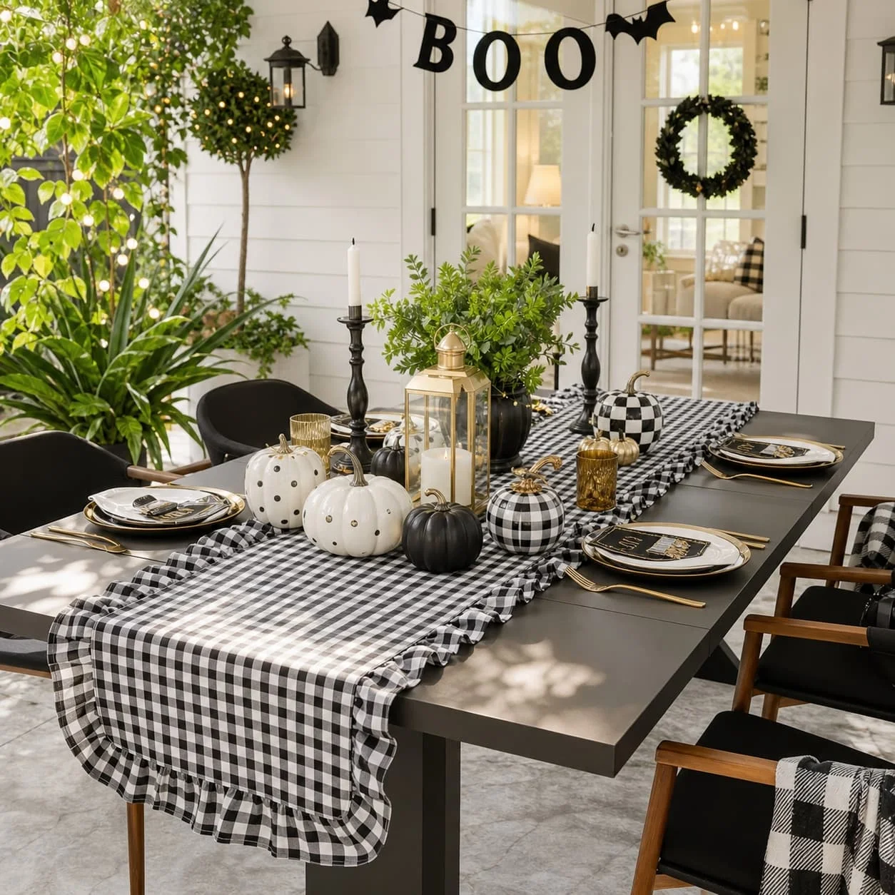 Black White Buffalo Check Ruffle Table Cloth Plaid Table Dresser Scarf Halloween Table Decor for Dining Table Console Cabinet