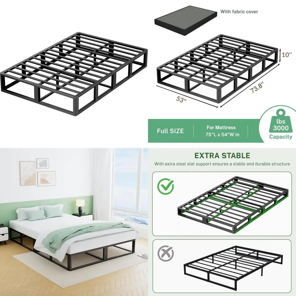 

10 Inch Heavy Duty Metal Bed Frame with Round Corners and Low Platform Design, Supporting up to 3000 LBS with Steel Slats for Ma