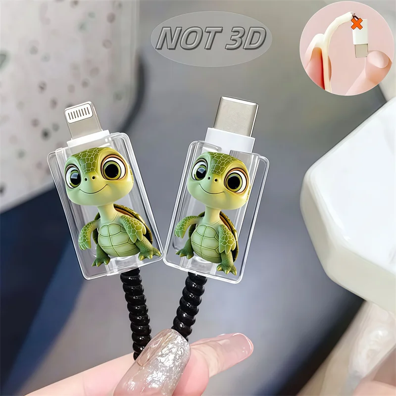 Zdjęcie 5: 2D Płaskie 2 szt. Urocze Ochraniacze na Kabel do Ładowarki Telefonu w Kształcie Żółwia z Kreskówki, Osłonka Ochronna na Kabel do Transmisji Danych do iPhone/Type-C