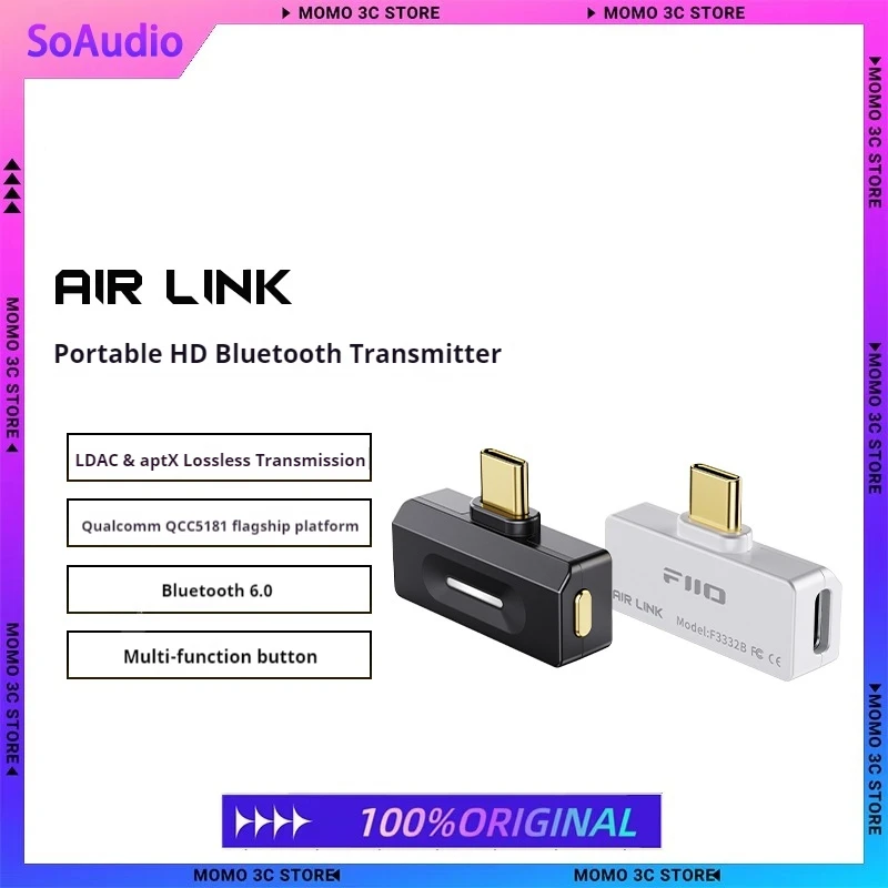 FiiO Air Link(Type-C) Bluetooth 6.0 トランスミッター、モバイル/ゲームプレーヤーからワイヤレスヘッドフォンへの接続、QCC5181 チップ、LDAC/AptX アダプティブ