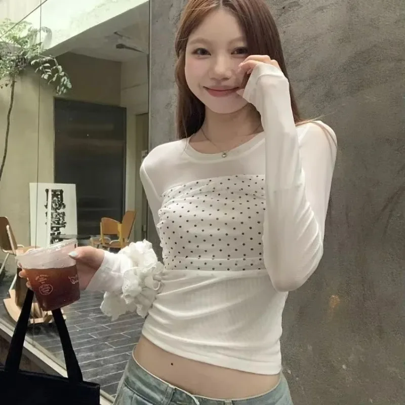 Elegant Sweet Mesh Long Sleeve T-shirts Y2k E-Girl Slim Fit Wave Point Tops Women 2026 Summer New White All-match Tee Shirt