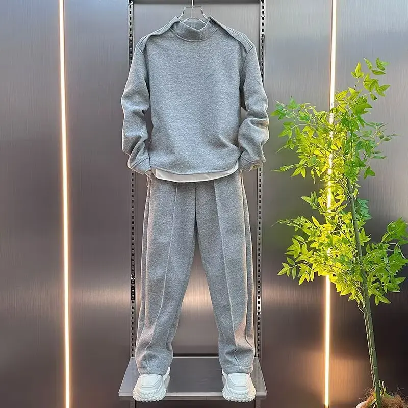 2pcs men's autumn set simple casual sportswear zipper round neck pullover sweatshirt solid color 2025 new item complete set