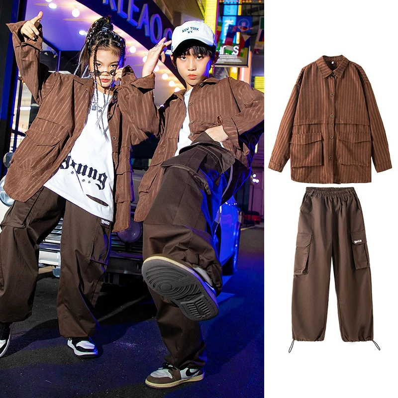 

Hip Hop Dance Clothing Brown Shirt Cargo Pants Children Street Dance Performance Wear Kpop Outfit Festival Clothes DL11580