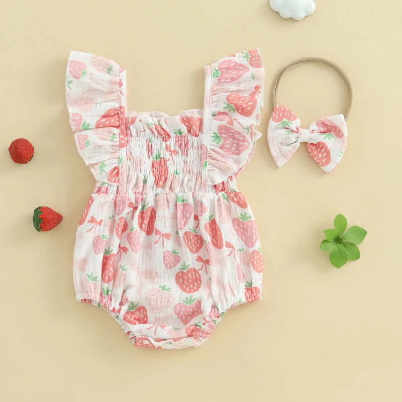 

0-18M Baby Girls Rompers Infant Watermelon/Strawberry/Bow Print Fly Sleeve Infant Bodysuits Jumpsuits with Headband