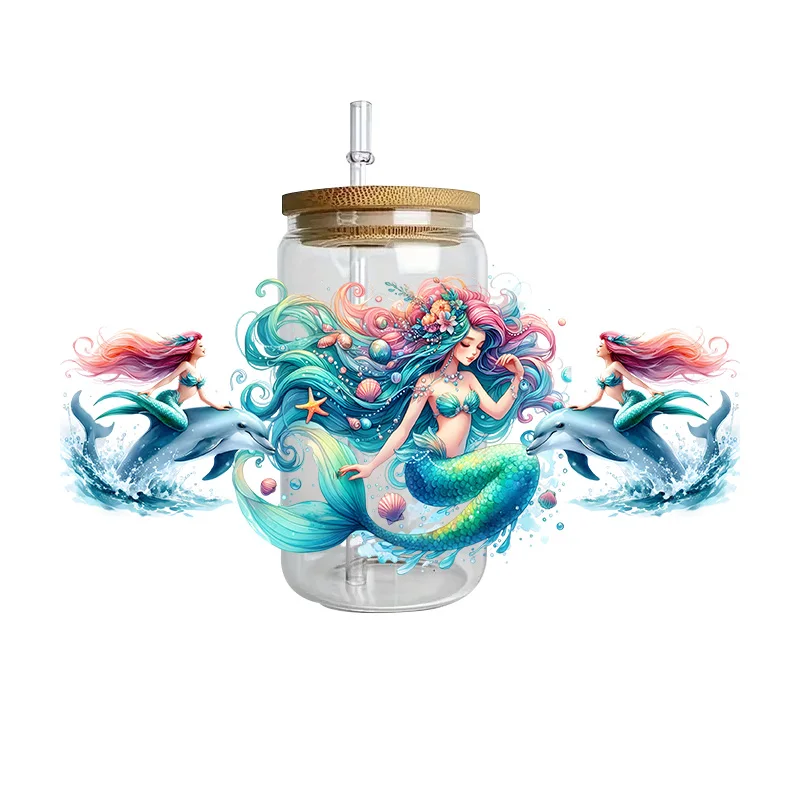Cartoon Kawaii Mermaid Design UV DTF Libby Wraps 16Oz Glass Cups Scratch Resistance Custom Decals