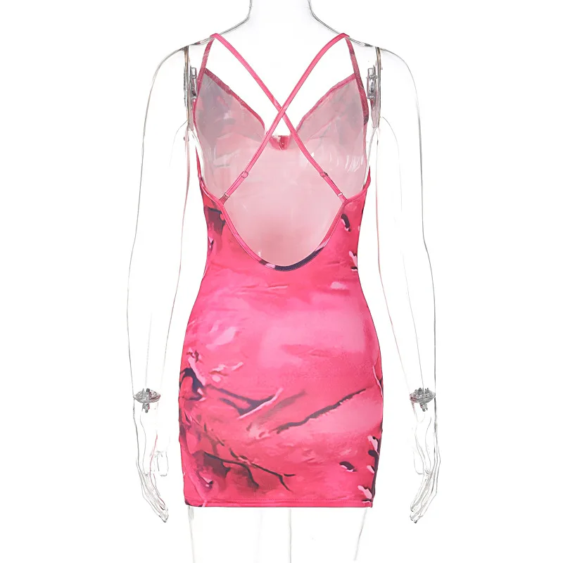 Bangniweigou-Vestido corto con escote en V y espalda descubierta para mujer, minivestido estampado con cuello Halter, sin mangas, ajustado, color fucsia