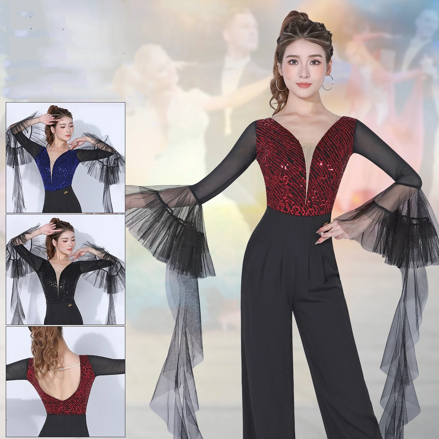 

Топ для бальных танцев, современный танцевальный топ, женский сетчатый комбинезон с v-образным вырезом и блестками на спине, платье для чача-танго, костюмы для латинских танцев DN22028