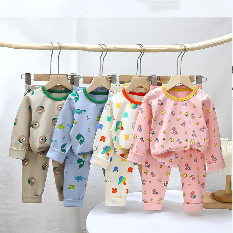 2pcs Baby Autumn Winter Pajamas Set Kids Underwear Warm Clothes Boys Girls Cartoon Pattern Cute Home Wear Children Soft Clothes