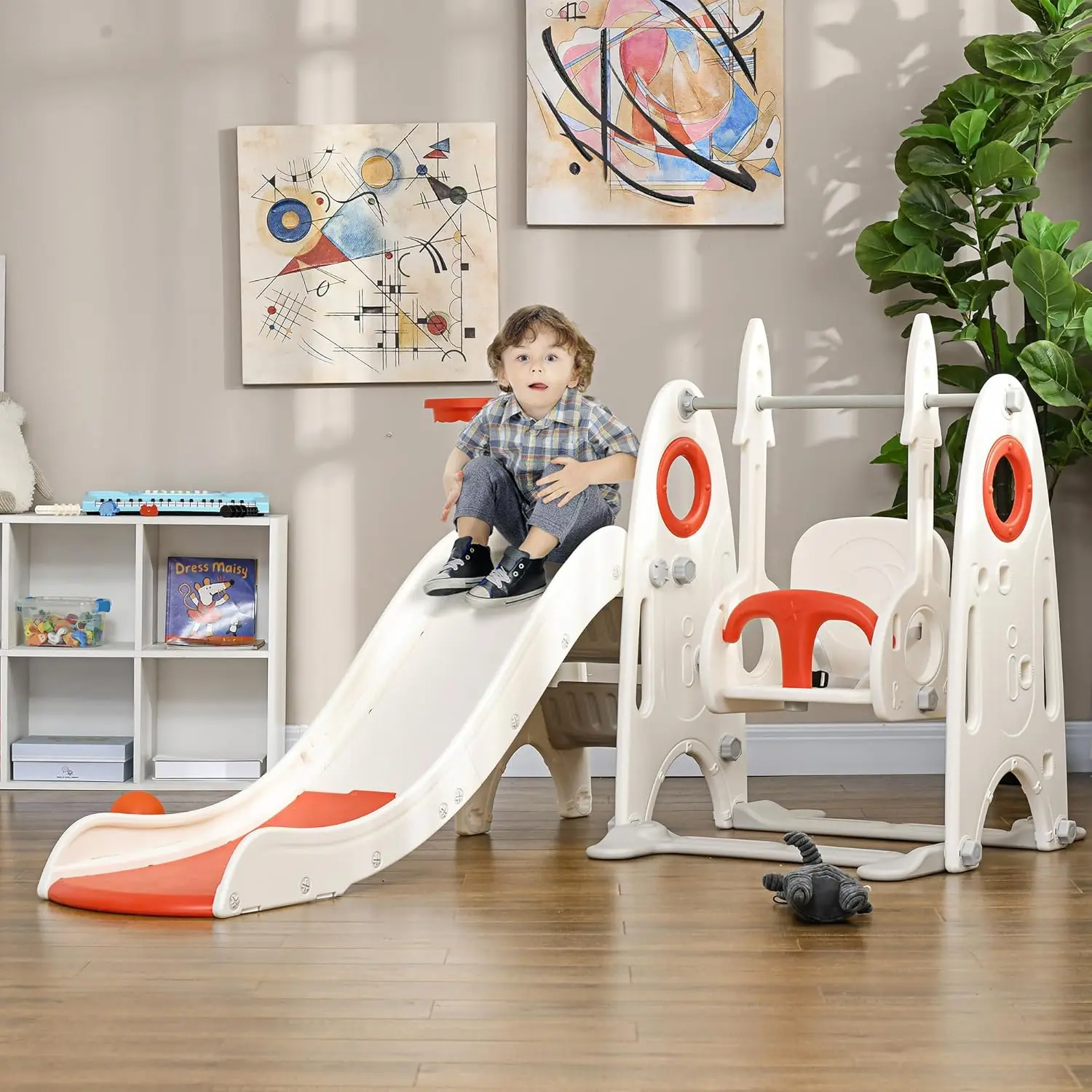 Conjunto de balanço para crianças pequenas, playground infantil 4 em 1 para crianças de 1 a 3 anos, conjunto infantil interno com escorregador, balanço, cesta de basquete, Cli