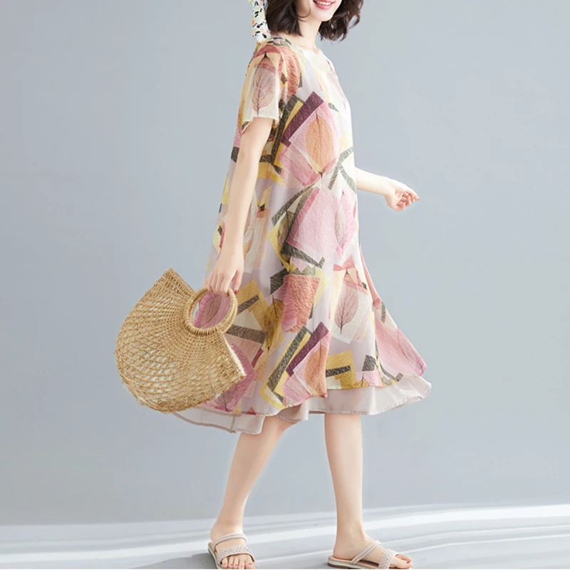 여름 신상 루즈핏 가벼운 실크 쉬폰 여성용 미디 A라인 스커트 플로럴 프린트 수채화 스타일 출퇴근용