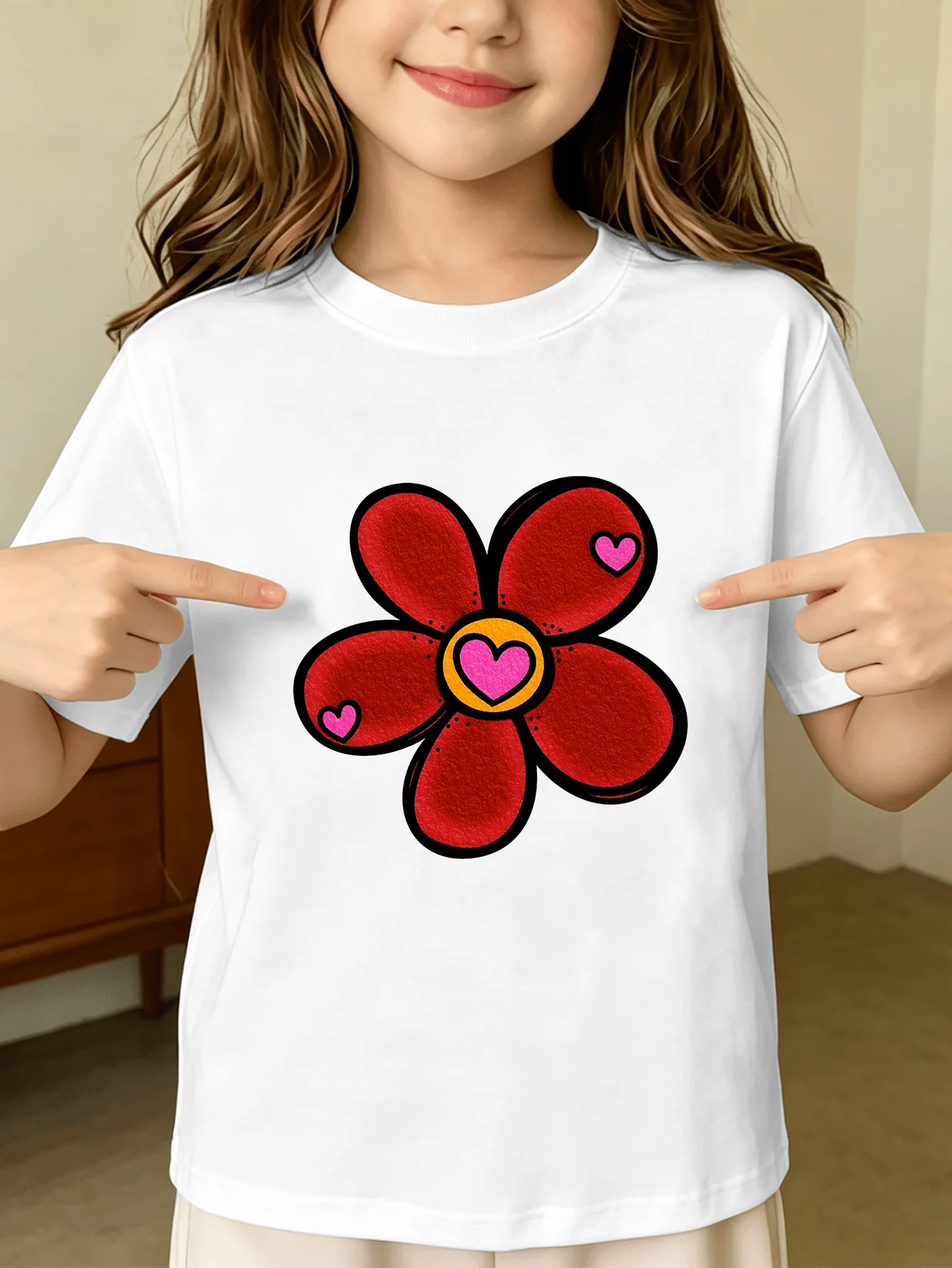 Red Flower With Pink Hearts Cute Cartoon Graphic Kids T Shirt Boys Girls Family Matching Summer Crew Neck Short Sleeve Tee