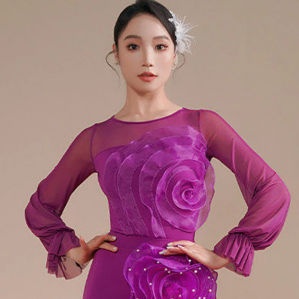 Женский тренировочный топ для современных танцев Waltz Ballroom, фиолетовый, индиго, серый, с длинными рукавами-фонариками, для лайн-дэнса