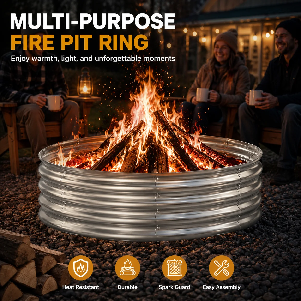24 Inch Fire Pit Ring, Heavy Duty Galvanized Steel Wood Burning Fire Pit, 12 Inch High Heat-Resistant Campfire Ring for Outdoor Backyard, Patio & Camping