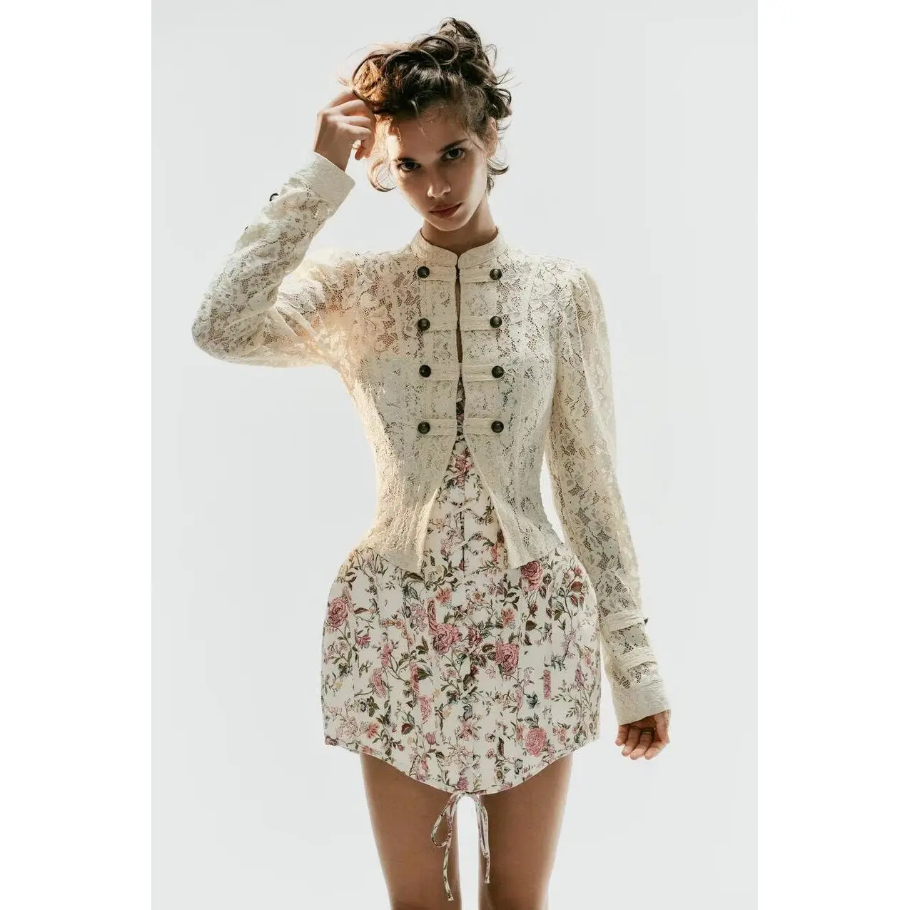 Fashionable Lace Rope Knot Decorated Jacket Women's Short Outerwear Polyester Fiber Double Button Standard Style Spring 2026
