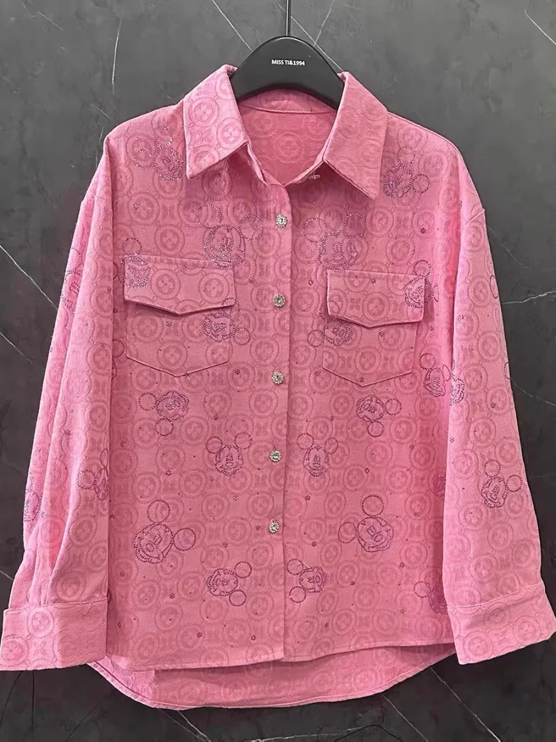 

Spring Autumn Heavy Craftsmanship Hot Diamond Mickey Pink Denim Shirt Jacket for Women Loose Fashion Long Sleeve Women Clothing