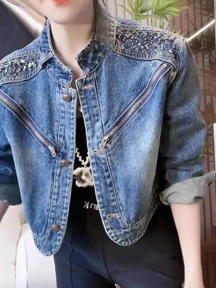 Denim Cropped Jackets Women Diamond Long Sleeve Tops Trend Zipper Jean Jacket Bomber Coat Y2k Streetwear Casual Loose Coats