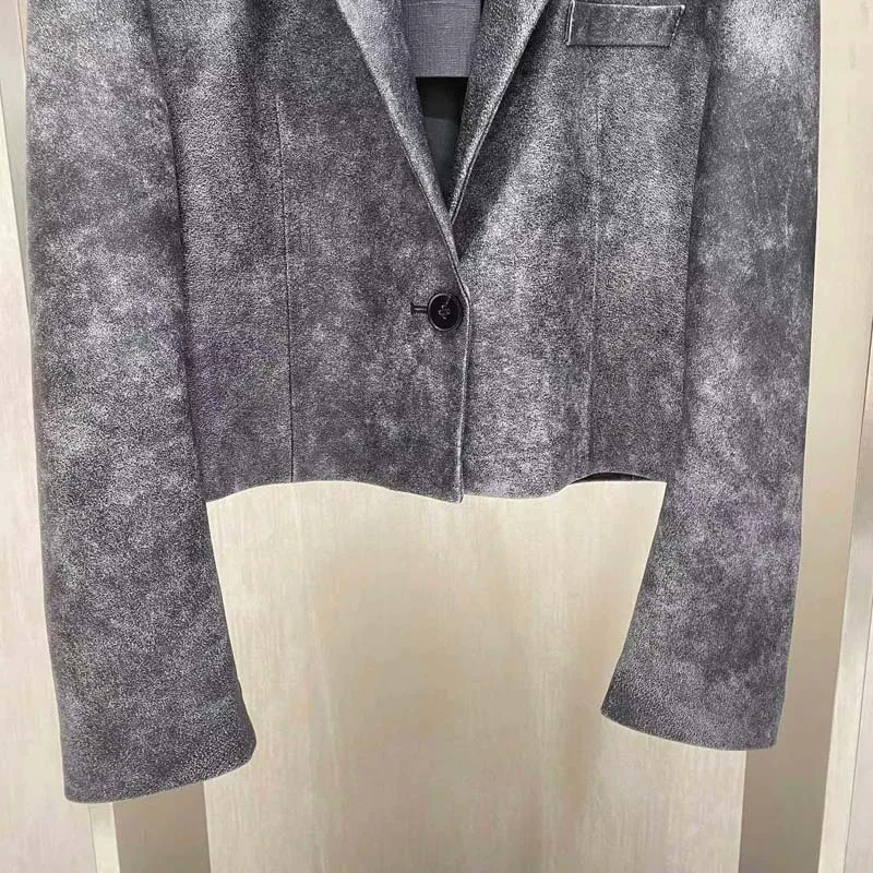 Veste en cuir véritable pour femme, manteau court, processus de vieillissement, neige, Bergame, col rabattu, bouton unique, printemps, nouveauté, 2023