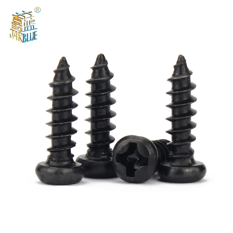 100 pcs/lot Cross Round Head Phillips Self-tapping Screw M1 M1.2 M1.4 M1.5 M1.7 M2 M2.3 M2.6 M3 M3.5 M4 M5 Black Carbon Steel