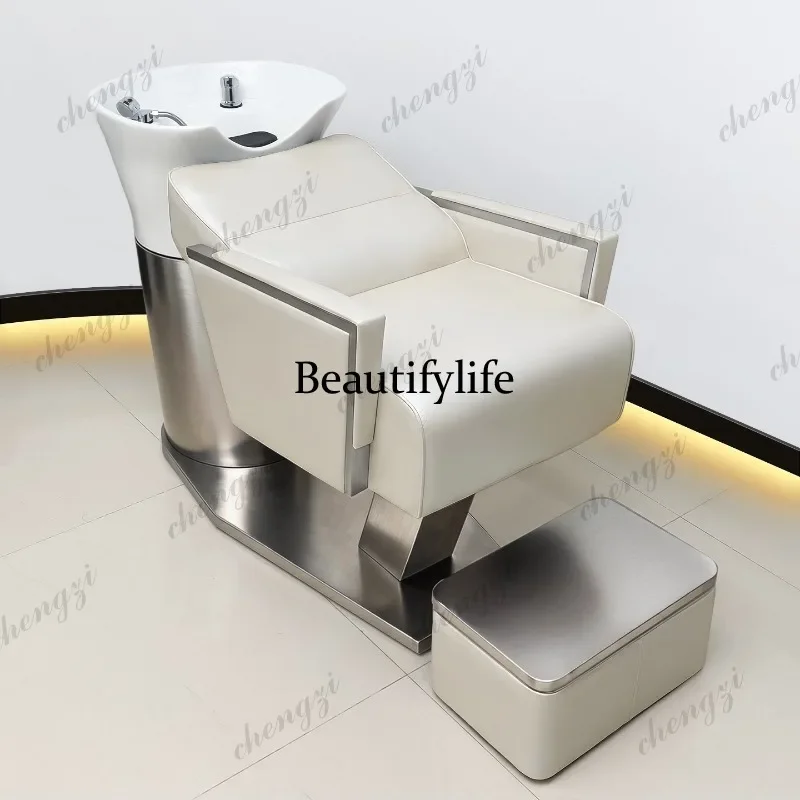 01A hairdresser ceramic basin shampoo bed barber shop stainless steel semi-reclining flushing bed hair salon special
