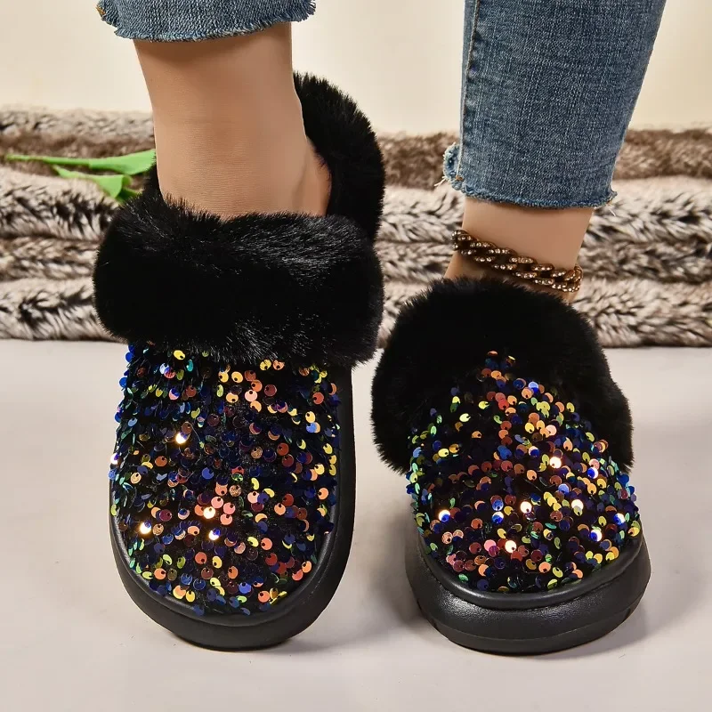 Shining Sequins Home Fur Slippers Women 2024 Winter Warm Plush Flat Cotton Shoes Woman Indoor Bedroom Soft Sole Fluffy Slippers