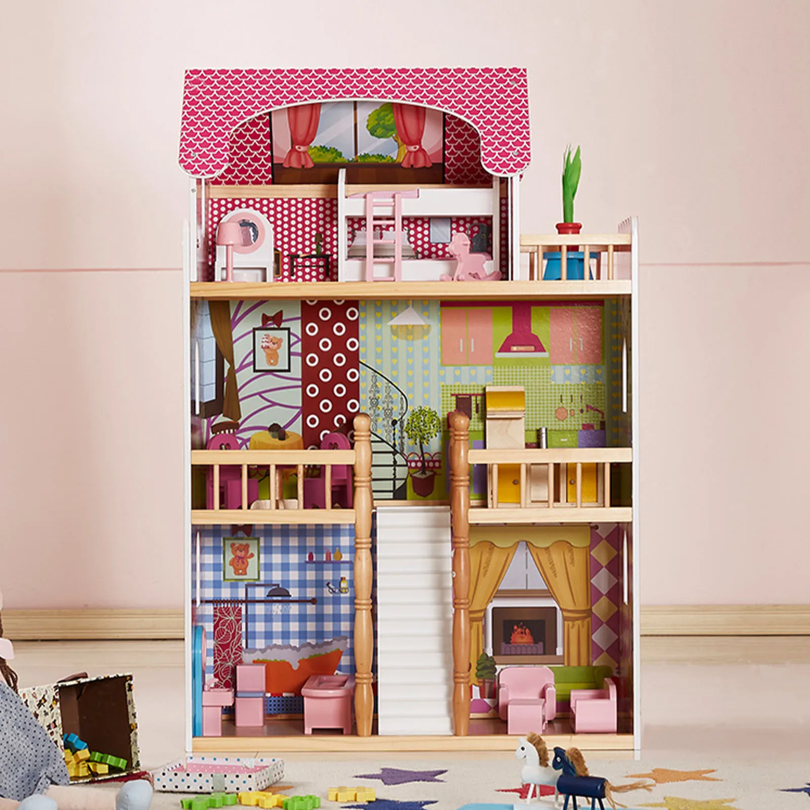 

Кукольный коттедж, кукольный домик, игровой набор, 3-этажный деревянный кукольный домик с балконной лестницей, мини-мебель, подарки для мальчиков и девочек 65*30*99 см